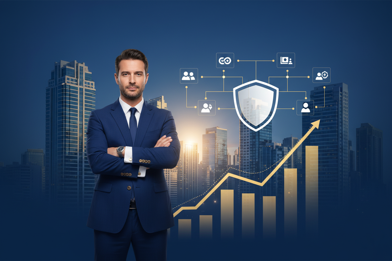 Ilustración corporativa elegante que muestre a un empresario o empresaria frente a un skyline de edificios corporativos, con un esquema de varias empresas conectadas (tipo diagrama de holding) en segundo plano. Se deben ver gráficos positivos y sensación de estructura sólida, patrimonio protegido y crecimiento. Estilo serio y sofisticado, con azul marino dominante, blanco y detalles dorados. Enfocado en nivel corporativo, estrategia y poder. Sin texto en la imagen.