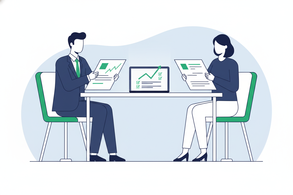 Ilustración corporativa minimalista de un empresario y una asesora revisando documentos sobre una mesa, con un gráfico y un checklist en la pantalla, simbolizando revisión completa y diagnóstico. Estilo moderno, serio, colores azul marino, blanco y detalles en verde, fondo limpio, sin texto en la imagen.