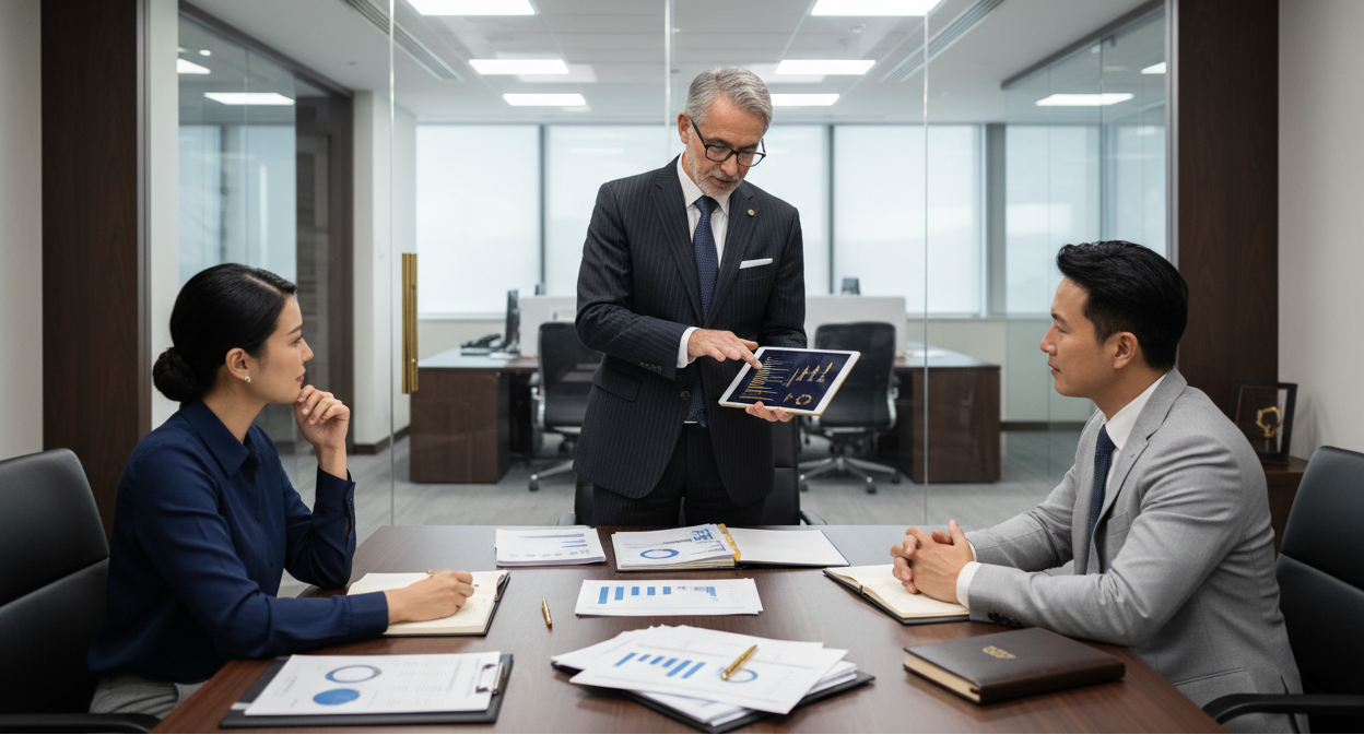 firma premium de asesoría tributaria y contable respaldada por un holding de inversiones. Oficina moderna de vidrio y madera, un consultor senior con traje oscuro explicando estrategias en una tablet a dos dueños de empresa, sobre la mesa se ven gráficos financieros y documentos. Estilo realista, iluminación elegante tipo estudio, ambiente de alta confianza y profesionalismo. Paleta de colores sobrios con acentos azul marino y dorado, fondo ligeramente desenfocado dejando espacio vacío a un lado para coloca