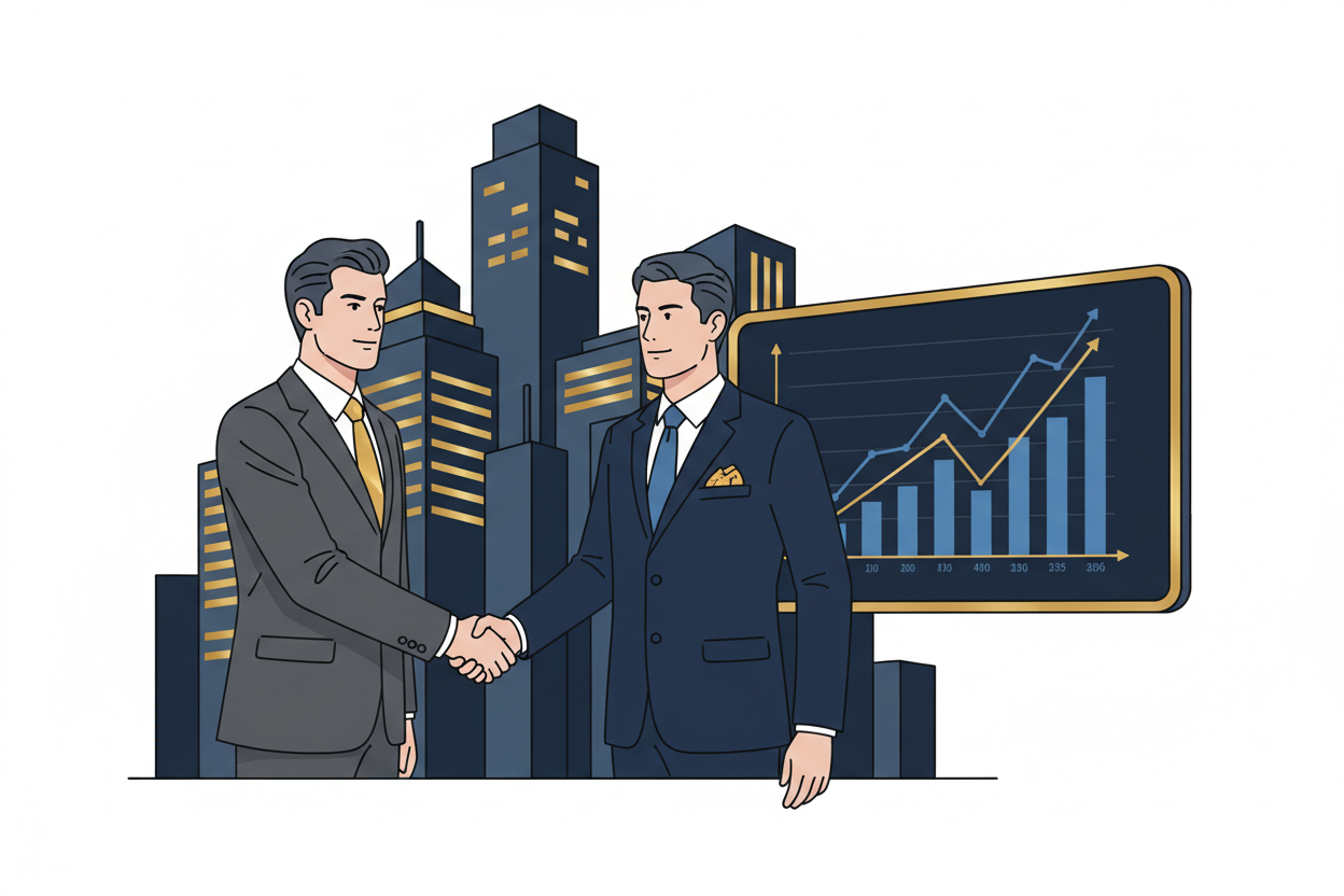 Ilustración corporativa elegante de un empresario estrechando la mano con un ejecutivo de banco, mientras en segundo plano se ven edificios corporativos y un tablero con gráficos financieros positivos. Estilo moderno, serio y aspiracional, con colores azul marino, gris y toques dorados. Transmitir solidez, confianza y acceso a financiamiento bancario, sin texto en la imagen.