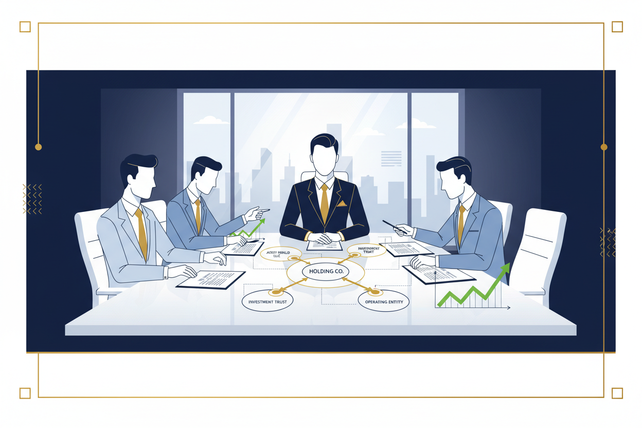 Ilustración corporativa horizontal, estilo moderno, de una reunión estratégica entre un empresario y un equipo de asesores en una sala de juntas elegante. Sobre la mesa se ven estados financieros, gráficos en verde que suben, y un esquema (holding y empresas relacionadas), transmitiendo planificación tributaria, protección patrimonial y crecimiento. Ambiente de máxima confianza y poder, como una firma corporativa de alto nivel Estilo minimalista, colores azul marino, blanco y detalles dorados, fondo limpio 