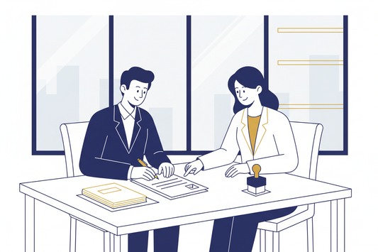 Ilustración corporativa minimalista de un emprendedor o emprendedora firmando documentos junto a un asesor en una oficina elegante. Sobre la mesa se ven papeles de constitución de empresa, un notebook y un sello de “aprobado”, representando la creación formal de la empresa. Estilo limpio, profesional, con colores azul marino, blanco y toques dorados. Ambiente de inicio, confianza y orden desde el primer día. Sin texto en la imagen.