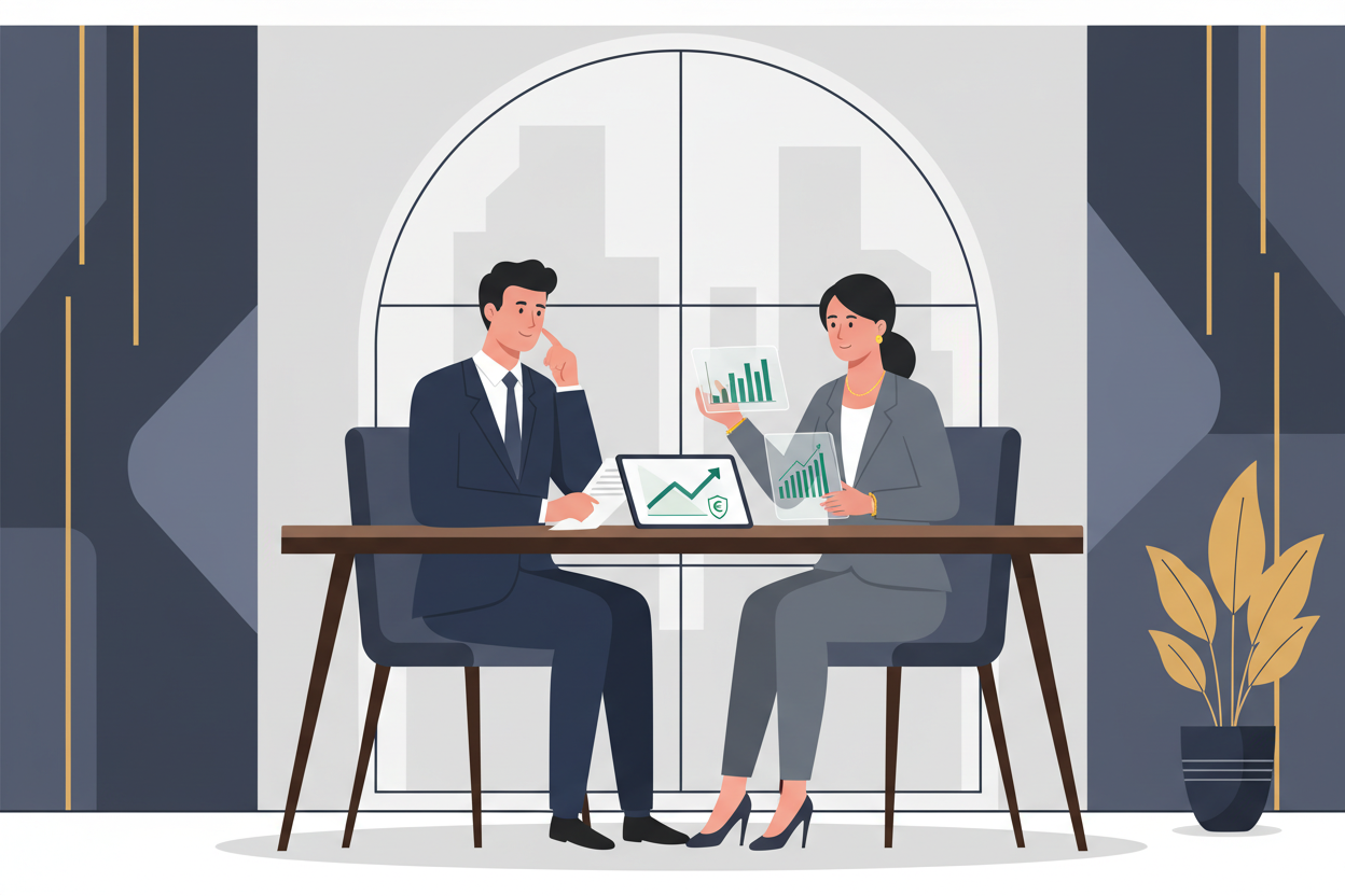 Ilustración corporativa minimalista, estilo moderno, de un empresario o empresaria revisando estados financieros junto a un asesor contable en una oficina elegante. El asesor muestra gráficos en verde que suben y un escudo sutil que simboliza protección del dinero. Colores sobrios azul marino, gris y toques dorados. Ambiente de confianza, seriedad y protección del contribuyente, sin texto en la imagen.