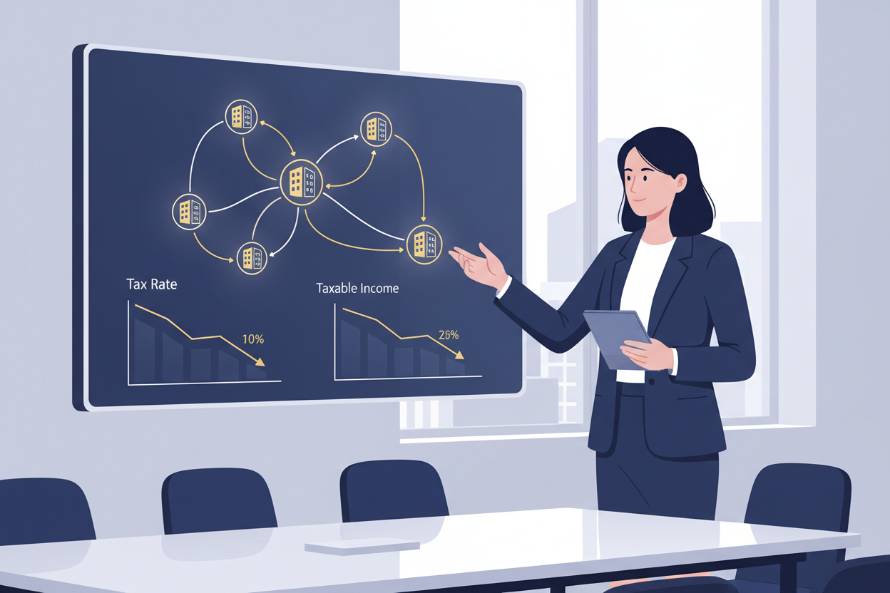 Ilustración corporativa moderna de un asesor explicando en una pantalla un diagrama de empresas conectadas y gráficos de impuestos a la baja, representando estrategia tributaria y estructura societaria. Estilo limpio, profesional, con azul marino dominante, blanco y detalles dorados, sin texto en la imagen.