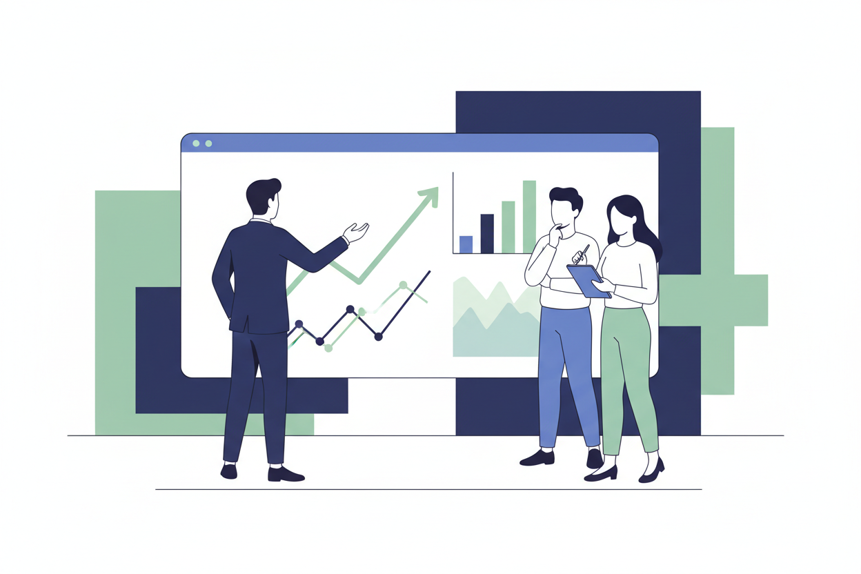 Ilustración corporativa moderna de un equipo pequeño (2–3 personas) reunido frente a una pantalla con gráficos de crecimiento y flujo de caja. El asesor señala el gráfico mientras el cliente toma notas, simbolizando estrategia, modelo de negocio y planificación financiera. Estilo minimalista, colores azul marino, blanco y verde suave para los gráficos. Sensación de lanzamiento, planificación y acompañamiento cercano. Sin texto en la imagen.