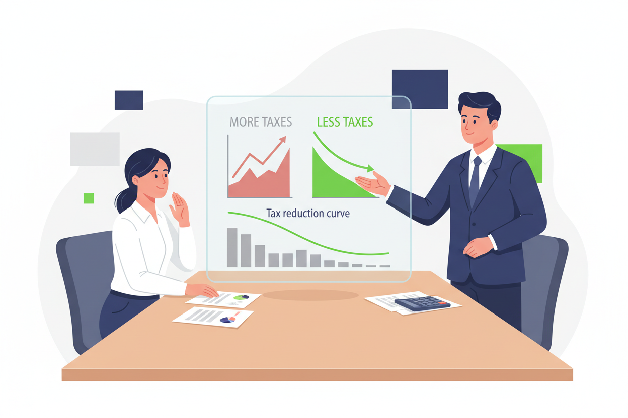 Ilustración corporativa moderna que muestre a un asesor tributario explicando una estrategia a un cliente frente a una mesa con papeles, calculadora y gráficos. Se ven gráficos comparando “más impuestos” vs “menos impuestos” con la curva de impuestos bajando. Estilo limpio, profesional, con colores azul marino, blanco y detalles en verde que simbolicen optimización y ahorro. Sensación de inteligencia y planificación, sin texto en la imagen.