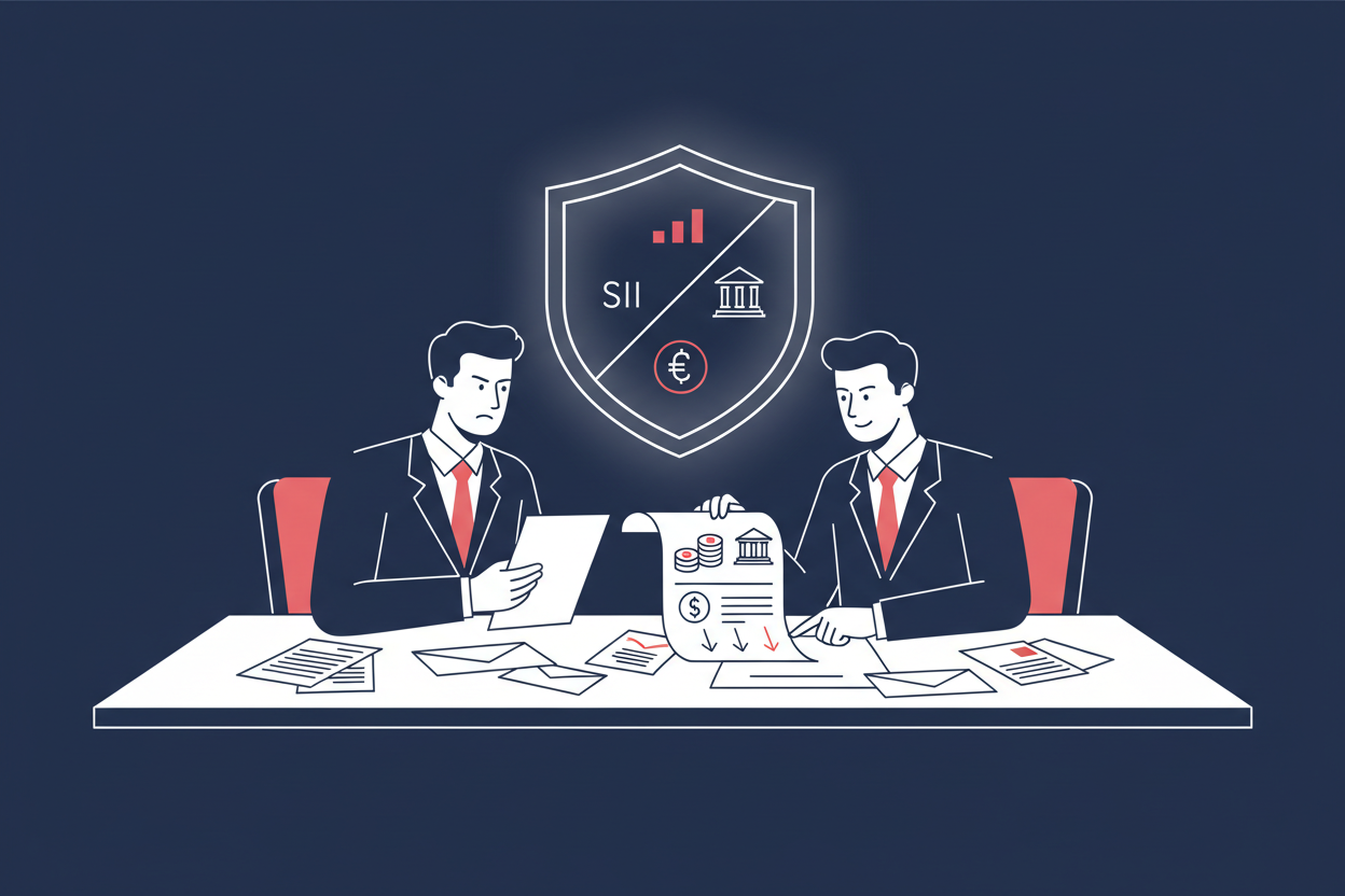 Ilustración corporativa seria de un empresario acompañado por un asesor frente a un escritorio con cartas y documentos oficiales, algunos con íconos de banco y tesorería, representando deudas y cobranzas. En segundo plano se ve un escudo o símbolo de protección, mostrando defensa frente al SII, bancos y Tesorería. Estilo minimalista, colores azul marino, blanco y toques rojos suaves, sin texto en la imagen.