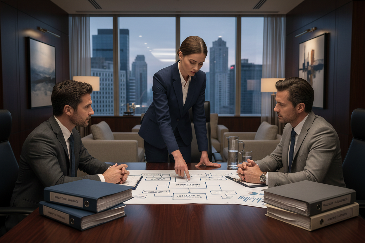 Imagen hero horizontal 16:9 , consultora tributaria de alto nivel. Escena de mesa de negociación con dos empresarios y una asesora tributaria revisando una estructura societaria en un diagrama sobre la mesa, alrededor se ven varias carpetas y documentos de diferentes empresas del holding. Estilo realista, ambiente corporativo serio, sensación de sofisticación y respaldo. Oficina de estilo ejecutivo, paleta en azul marino, gris y beige, 