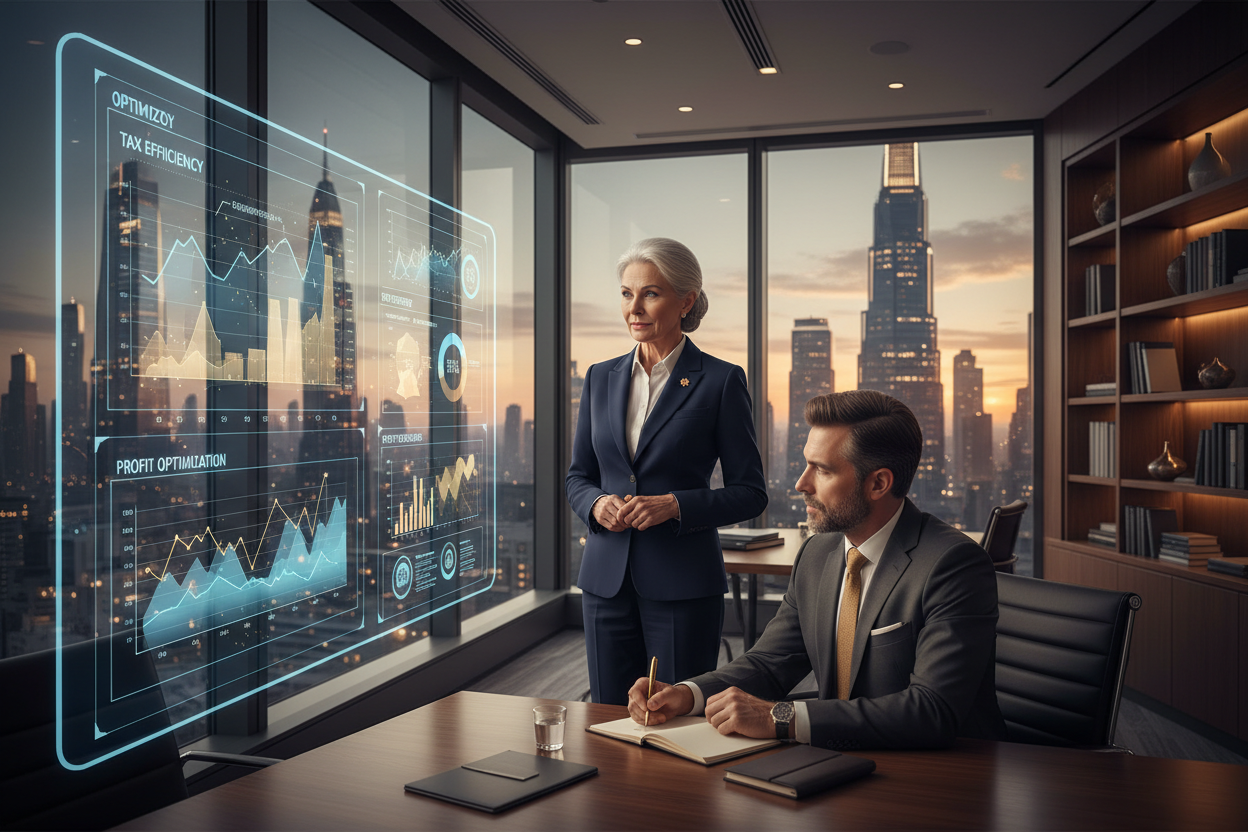 Imagen hero horizontal 16:9 para sitio web de Stonehaven Associates, firma premium de asesoría tributaria y contable. Oficina moderna con ventanales y vista a la ciudad, un consultor senior mostrando en una pantalla grande un gráfico de impuestos optimizados y proyecciones financieras, junto a un empresario atento tomando notas. Estilo realista, iluminación elegante, ambiente de confianza y estrategia de alto nivel. Paleta de colores sobrios con acentos azul marino y dorado