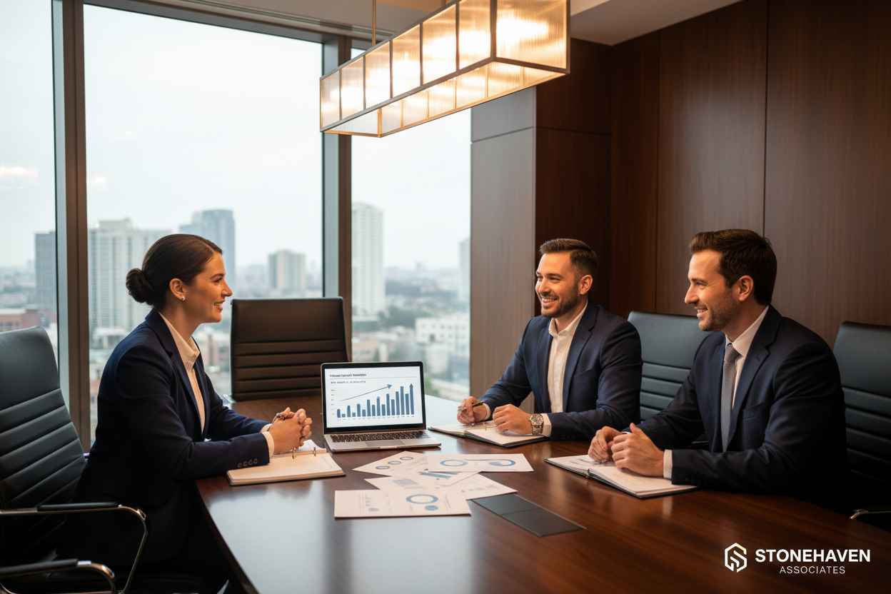 Imagen hero horizontal 16:9 para Stonehaven Associates, firma de asesoría tributaria estratégica. Escena de reunión en sala de directorio: tres profesionales de negocios conversando, revisando documentos y un laptop con gráficos de resultados, todos en actitud colaborativa. Estilo realista, sensación de partnership y trabajo en equipo, oficina elegante con madera y vidrio. Iluminación cálida y profesional, colores azul marino, gris y blanco,