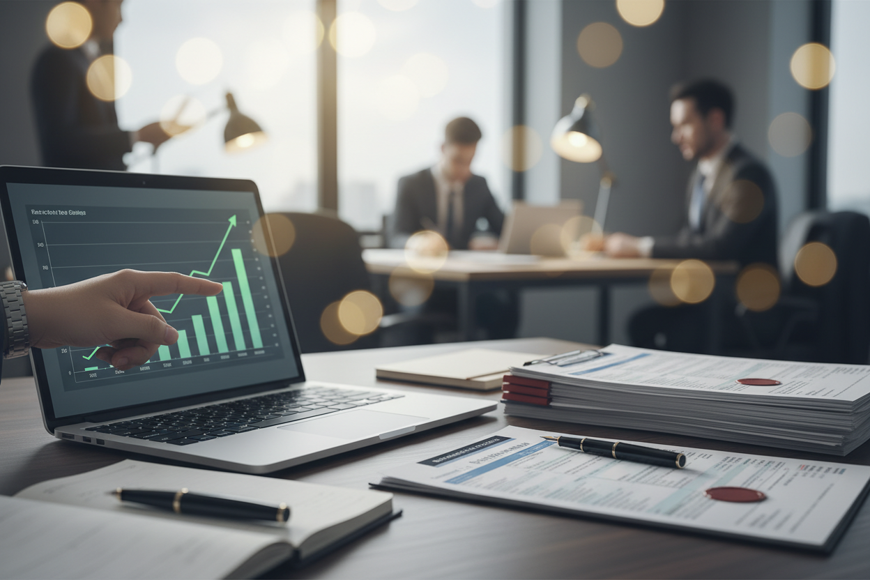 Imagen hero horizontal 16:9 para una consultora tributaria premium. Primer plano de escritorio ordenado con laptop mostrando gráficos de crecimiento, formularios de impuestos y una mano señalando un gráfico ascendente. De fondo, oficina corporativa desenfocada. Estilo realista, sensación de orden, control y crecimiento financiero. Colores sobrios con toques azul marino y verde, luz natural suave, , sin ningún texto dentro de la imagen.